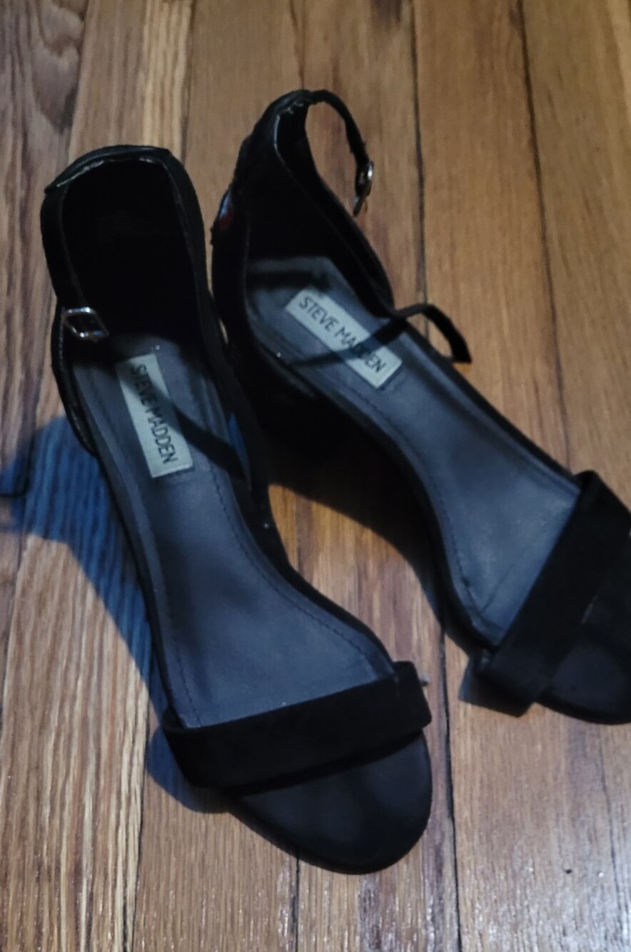 Beaded Black Open-Toe Ankle Strap Heels